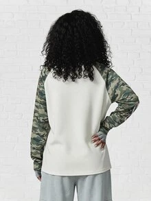 SUMWON WOMEN Oversized Raglan Long Sleeve Top With Camo Contrast Sleeves And Collegiate Graphic Print, Crew Neck, Color Block - Pink - View 2