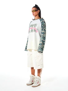 SUMWON WOMEN Oversized Raglan Long Sleeve Top With Camo Contrast Sleeves And Collegiate Graphic Print, Crew Neck, Color Block - Pink - View 4