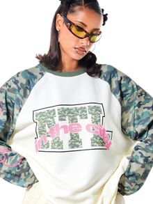 SUMWON WOMEN Oversized Raglan Long Sleeve Top With Camo Contrast Sleeves And Collegiate Graphic Print, Crew Neck, Color Block - Pink - View 7