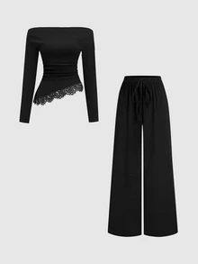 Sweetra Asymmetric Shoulder Short Sleeve T-Shirt Slimming Lace Patchwork Design Top Versatile Casual Slimming Long Pants - Black - View 7