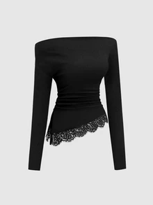 Sweetra Asymmetric Shoulder Short Sleeve T-Shirt Slimming Lace Patchwork Design Top Versatile Casual Slimming Long Pants - Black - View 8