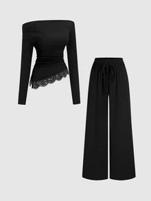 Sweetra Asymmetric Shoulder Short Sleeve T-Shirt Slimming Lace Patchwork Design Top Versatile Casual Slimming Long Pants - Black - View 1