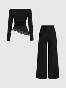 Sweetra Asymmetric Shoulder Short Sleeve T-Shirt Slimming Lace Patchwork Design Top Versatile Casual Slimming Long Pants - Black - View 2