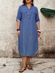 EMERY ROSE Plus Size Casual V-Neck Long Sleeve Dress With Pockets And Sleeve Tabs, Faux Embroidery - Blue - View 7