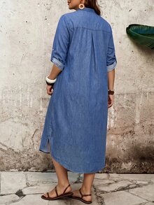EMERY ROSE Plus Size Casual V-Neck Long Sleeve Dress With Pockets And Sleeve Tabs, Faux Embroidery - Blue - View 2