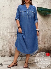EMERY ROSE Plus Size Casual V-Neck Long Sleeve Dress With Pockets And Sleeve Tabs, Faux Embroidery - Blue - View 4