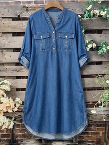 EMERY ROSE Plus Size Casual V-Neck Long Sleeve Dress With Pockets And Sleeve Tabs, Faux Embroidery - Blue - View 3