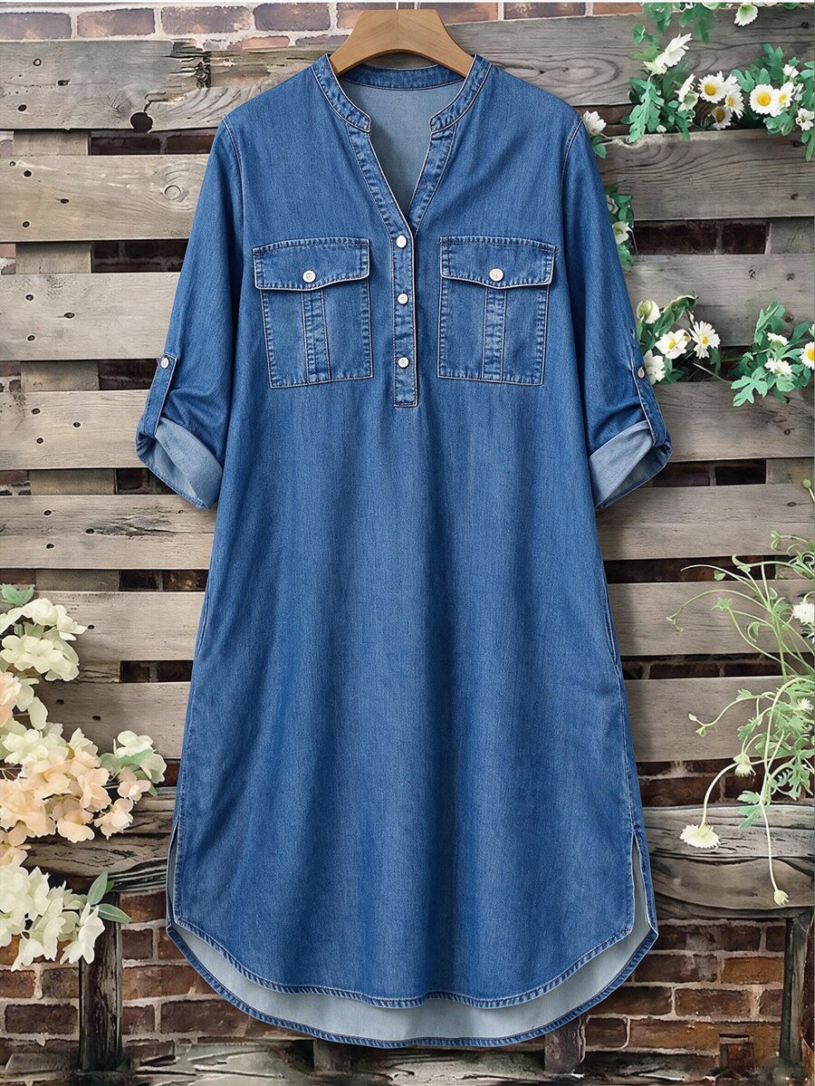 EMERY ROSE Plus Size Casual V-Neck Long Sleeve Dress With Pockets And Sleeve Tabs, Faux Embroidery - Blue - View 1