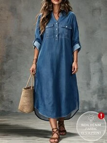 EMERY ROSE Plus Size Casual V-Neck Long Sleeve Dress With Pockets And Sleeve Tabs, Faux Embroidery - Blue - View 1