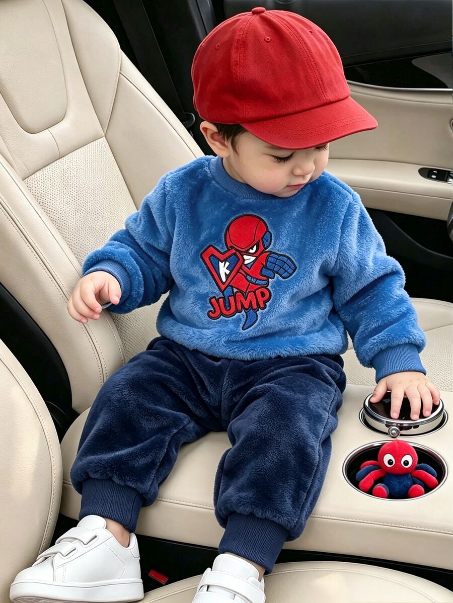 SHEIN Playful Pals 2件組幼兒男童衛衣褲套裝,可愛藍色海軍風卡通圖案,毛絨絨長袖圓領加厚,適合秋冬戶外穿著,彈性腰頭 - 藍色 - 查看 1