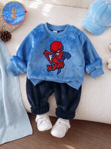 SHEIN Playful Pals 男嬰休閒運動衛衣套裝 秋冬款 卡通長袖素色極簡風 炭灰色連帽衫與長褲套裝 日常戶外穿著 - 藍色 - 查看 1