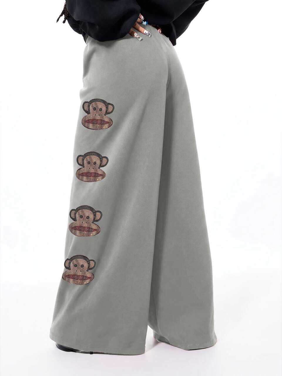 SUMWON Wide Leg Pants With Sequin Monkey Patches
