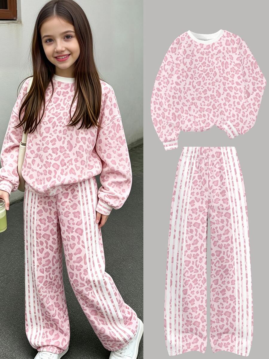 女童秋季套裝 粉色豹紋圓領衛衣與寬腿長褲套裝,秋冬休閒服飾 - 彩色 - 查看 1