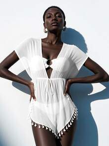 Fembélia Women's Solid Color Minimalist Short Sleeve Kimono Cover Up, Everyday Wear - White - View 5