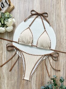 Swim Vcay Summer Outfits For Women Contrast Binding Texture Side-Tie Halter Bikini Set Summer - Beige - View 5