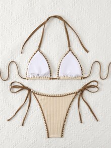 Swim Vcay Summer Outfits For Women Contrast Binding Texture Side-Tie Halter Bikini Set Summer - Beige - View 6