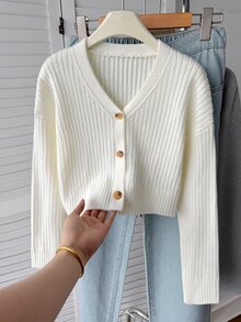Tween Girls Ribbed Long Sleeve Cardigans, Autumn/Winter - White - View 3