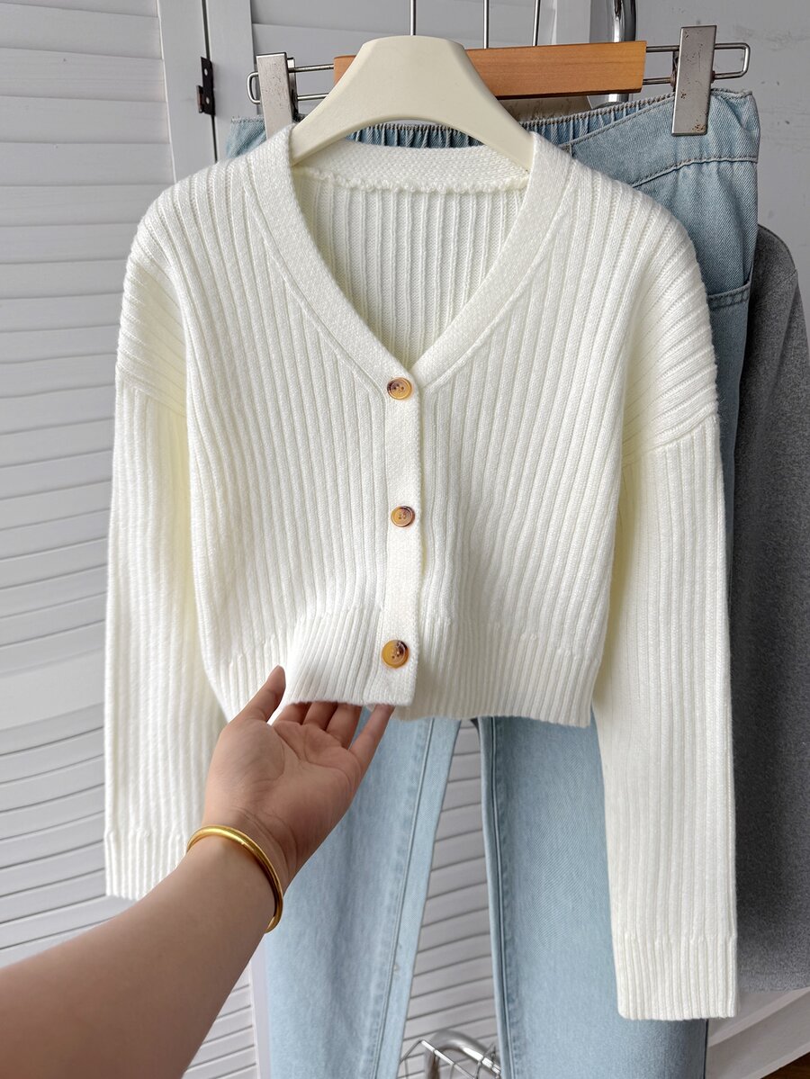 Tween Girls Ribbed Long Sleeve Cardigans, Autumn/Winter - White - View 1