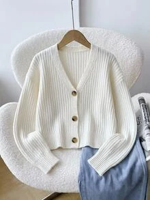 Tween Girls Ribbed Long Sleeve Cardigans, Autumn/Winter - White - View 5