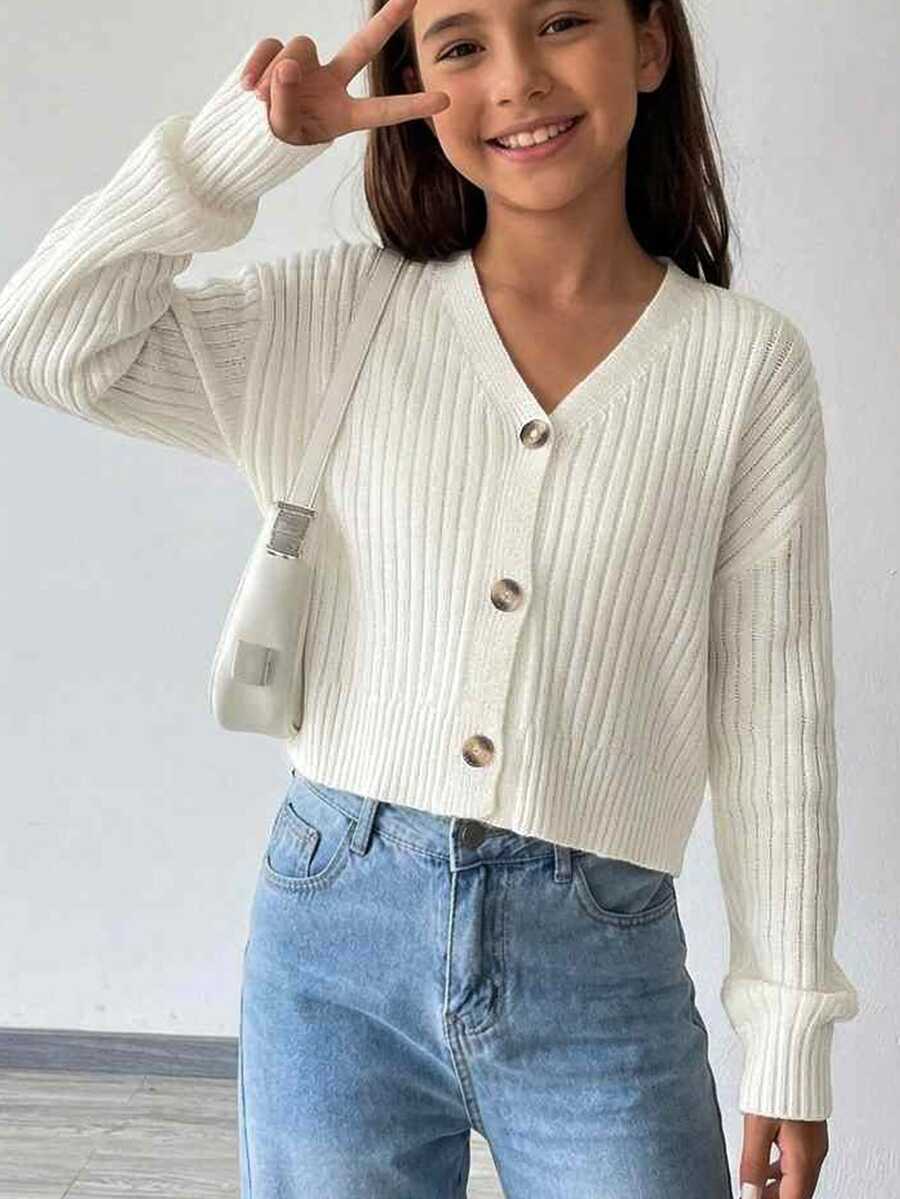 Tween Girls Ribbed Long Sleeve Cardigans, Autumn/Winter - White - View 1