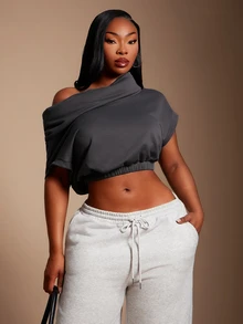 Radiana Plus Size Casual Baggy Fashion Charcoal Grey Asymmetric Neck Collar Cropped Sweatshirt Formal Vacation - Grey - View 4
