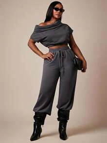 Radiana Plus Size Casual Baggy Fashion Charcoal Grey Asymmetric Neck Collar Cropped Sweatshirt Formal Vacation - Grey - View 1