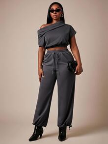 Radiana Plus Size Casual Baggy Fashion Charcoal Grey Asymmetric Neck Collar Cropped Sweatshirt Formal Vacation - Grey - View 3