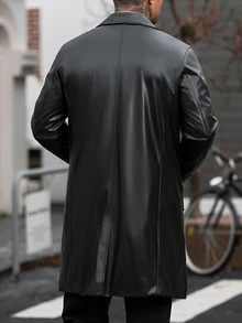 Manfinity CasualCool 男士 PU 布料單排扣黑色秋季優雅商務休閒晚宴外出風衣，寬鬆極簡翻領長版外套，週年紀念禮物 - 黑色 - 查看 2