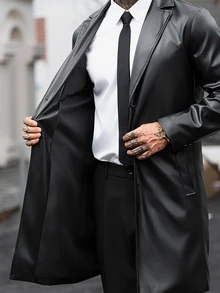Manfinity CasualCool 男士 PU 布料單排扣黑色秋季優雅商務休閒晚宴外出風衣，寬鬆極簡翻領長版外套，週年紀念禮物 - 黑色 - 查看 6