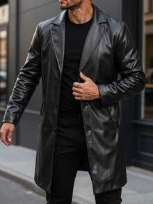 Manfinity CasualCool 男士 PU 布料單排扣黑色秋季優雅商務休閒晚宴外出風衣，寬鬆極簡翻領長版外套，週年紀念禮物 - 黑色 - 查看 3