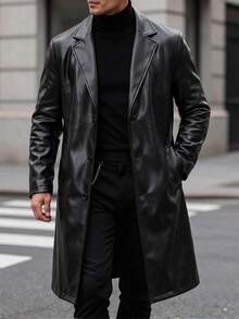 Manfinity CasualCool 男士 PU 布料單排扣黑色秋季優雅商務休閒晚宴外出風衣，寬鬆極簡翻領長版外套，週年紀念禮物 - 黑色 - 查看 5