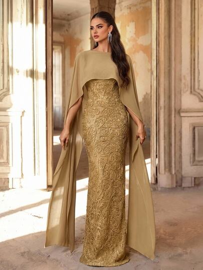Aureia Elegant Apricot Luxurious Romantic 3D Lace & Cord Fabric Strapless Dress With Novel Neckline, Includes Extra-Long Detachable Shawl & Cape, High Waist Slimming Long Straight Bodycon Skirt, Suitable For Bridal Shower, All Formal Evening Occasions