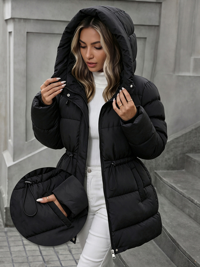SHEIN Teen Girls Fleece Winter Fashion Casual Cute Cargo Baggy Adjustable Waist Quilted Long Sleeve Hooded Thick Padded Coat School Daily Outings Work Black