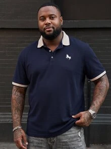 Ethos Form Men's Plus Size Embroidered Ribbed Collar Mature Casual Short Sleeve Polo Shirt - Navy Blue - View 3