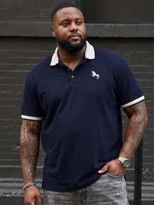 Ethos Form Men's Plus Size Embroidered Ribbed Collar Mature Casual Short Sleeve Polo Shirt - Navy Blue - View 1