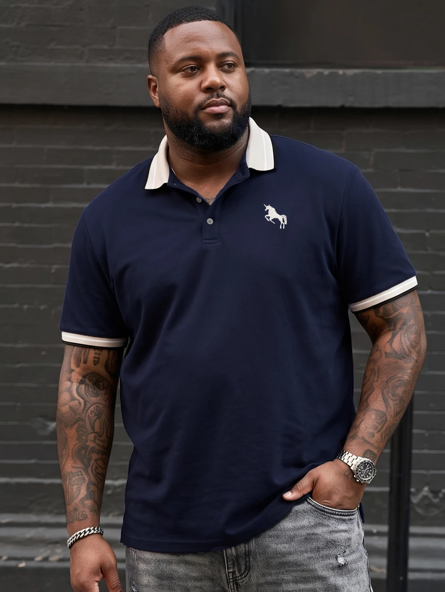Ethos Form Men's Plus Size Embroidered Ribbed Collar Mature Casual Short Sleeve Polo Shirt - Navy Blue - View 1