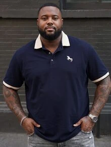 Ethos Form Men's Plus Size Embroidered Ribbed Collar Mature Casual Short Sleeve Polo Shirt - Navy Blue - View 4