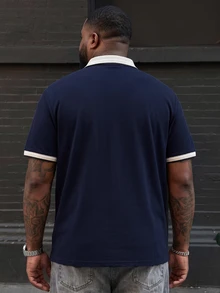 Ethos Form Men's Plus Size Embroidered Ribbed Collar Mature Casual Short Sleeve Polo Shirt - Navy Blue - View 2