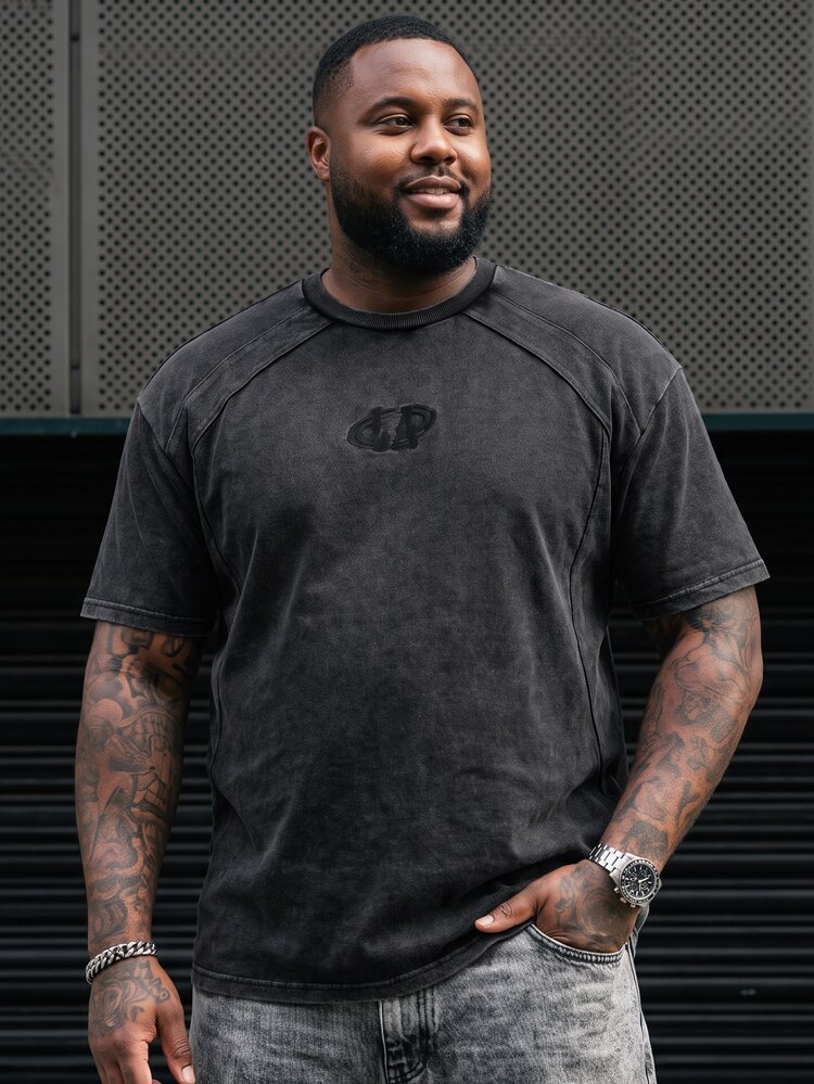 Ethos Form Men's Plus Size Summer Casual Fashion Street Style Letter Embossed Washed Short Sleeve T-Shirt - Black - View 3