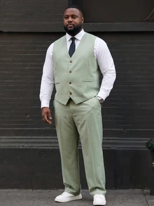 Ethos Form Men's Plus-Size Solid Colour Suit Waistcoat And Trouser Set For Weddings, Men's Formal Attire - Green - View 1