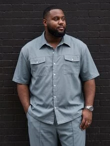 Ethos Form Men's Plus Size Solid Color Short Sleeve Single-Breasted Shirt And Pants Casual Set - Dusty Blue - View 4