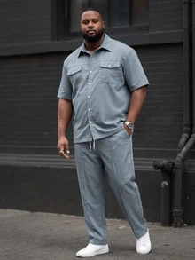 Ethos Form Men's Plus Size Solid Color Short Sleeve Single-Breasted Shirt And Pants Casual Set - Dusty Blue - View 1