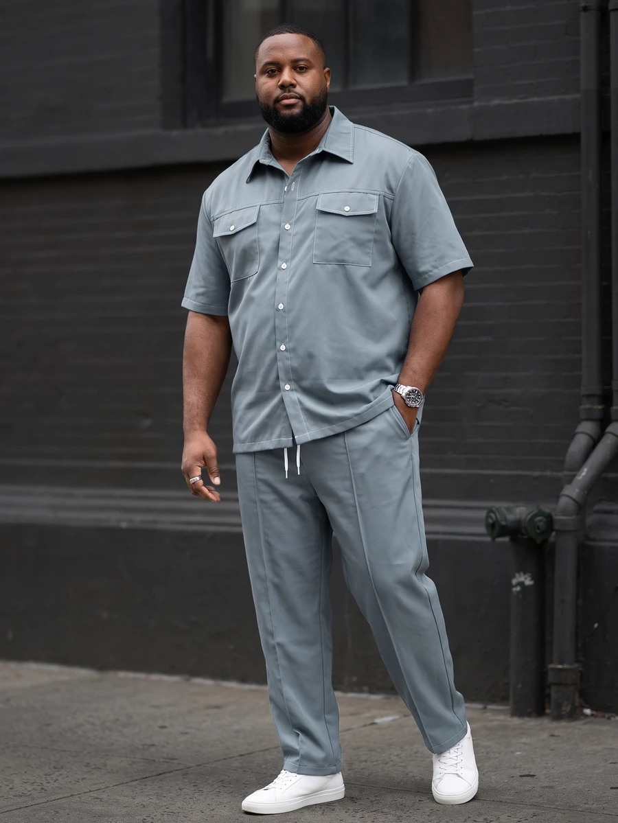 Ethos Form Men's Plus Size Solid Color Short Sleeve Single-Breasted Shirt And Pants Casual Set - Dusty Blue - View 1
