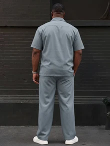 Ethos Form Men's Plus Size Solid Color Short Sleeve Single-Breasted Shirt And Pants Casual Set - Dusty Blue - View 2