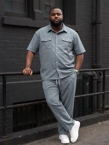Ethos Form Men's Plus Size Solid Color Short Sleeve Single-Breasted Shirt And Pants Casual Set - Dusty Blue - View 3