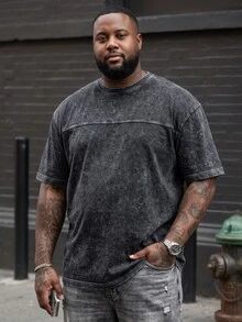 Ethos Form Men Plus Size Casual Round Neck Drop Shoulder Short Sleeve T-Shirt, Summer Streetwear Washed Oversize Top - Black - View 1