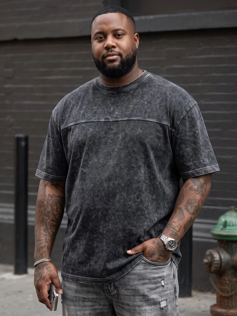Ethos Form Men Plus Size Casual Round Neck Drop Shoulder Short Sleeve T-Shirt, Summer Streetwear Washed Oversize Top - Black - View 1