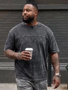 Ethos Form Men Plus Size Casual Round Neck Drop Shoulder Short Sleeve T-Shirt, Summer Streetwear Washed Oversize Top - Black - View 4