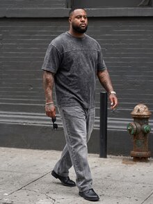 Ethos Form Men Plus Size Casual Round Neck Drop Shoulder Short Sleeve T-Shirt, Summer Streetwear Washed Oversize Top - Black - View 3