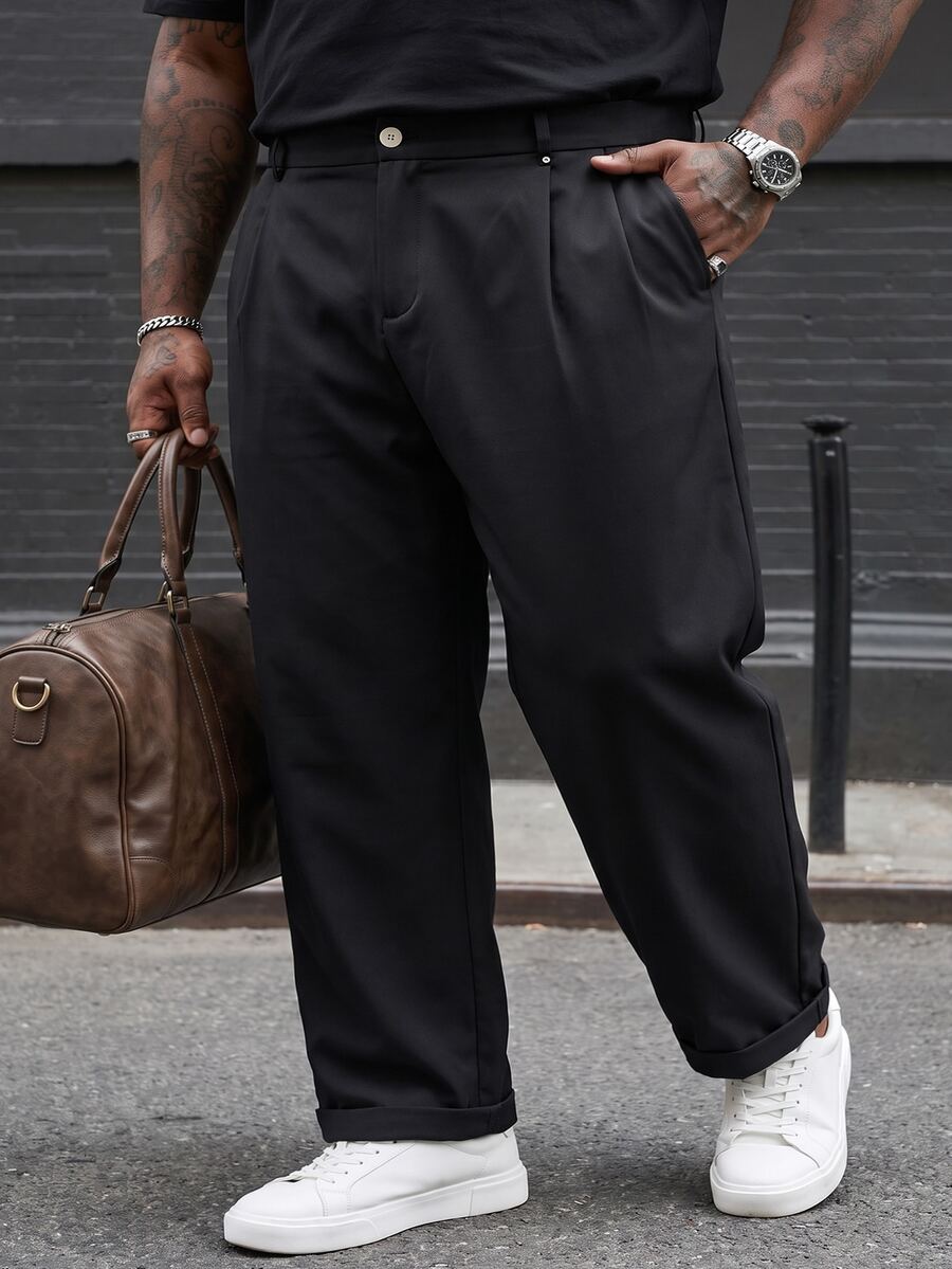 Ethos Form Manfinity Plus Size Men's Suit Pants,Black,Summer,Smart Casual,Work Business Casual Waist Rivet Design Versatile Straight Leg Trousers,Formal Gift - Black - View 1